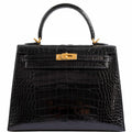 Hermes Kelly 25 HSS Sellier Black Shiny Alligator Brushed Gold Hardware