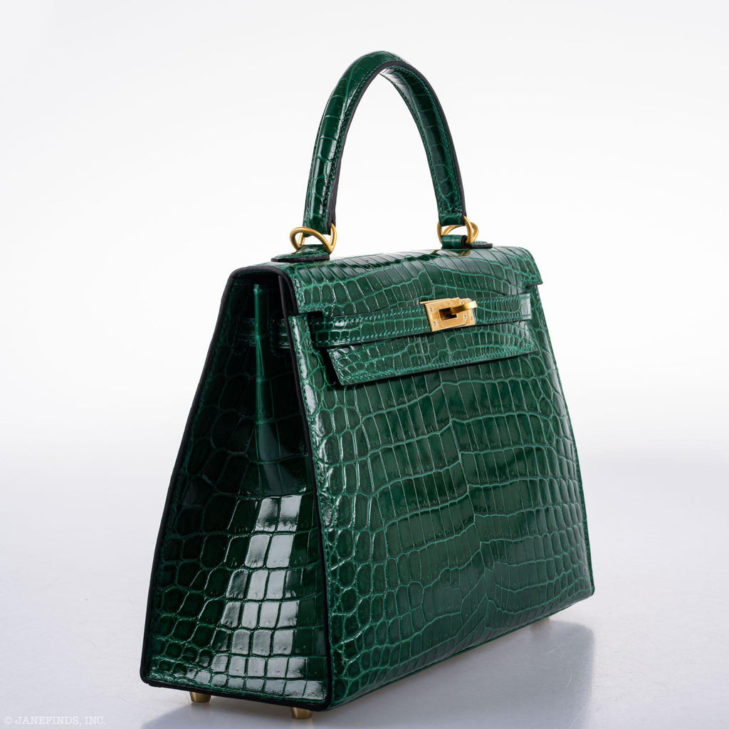 Hermes Kelly 25 HSS Sellier Emerald Nilo Crocodile & Cassis Brushed Gold Hardware