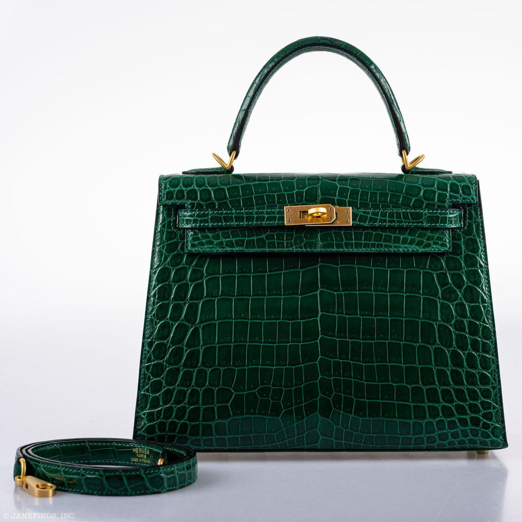 Hermes Kelly 25 HSS Sellier Emerald Nilo Crocodile & Cassis Brushed Gold Hardware