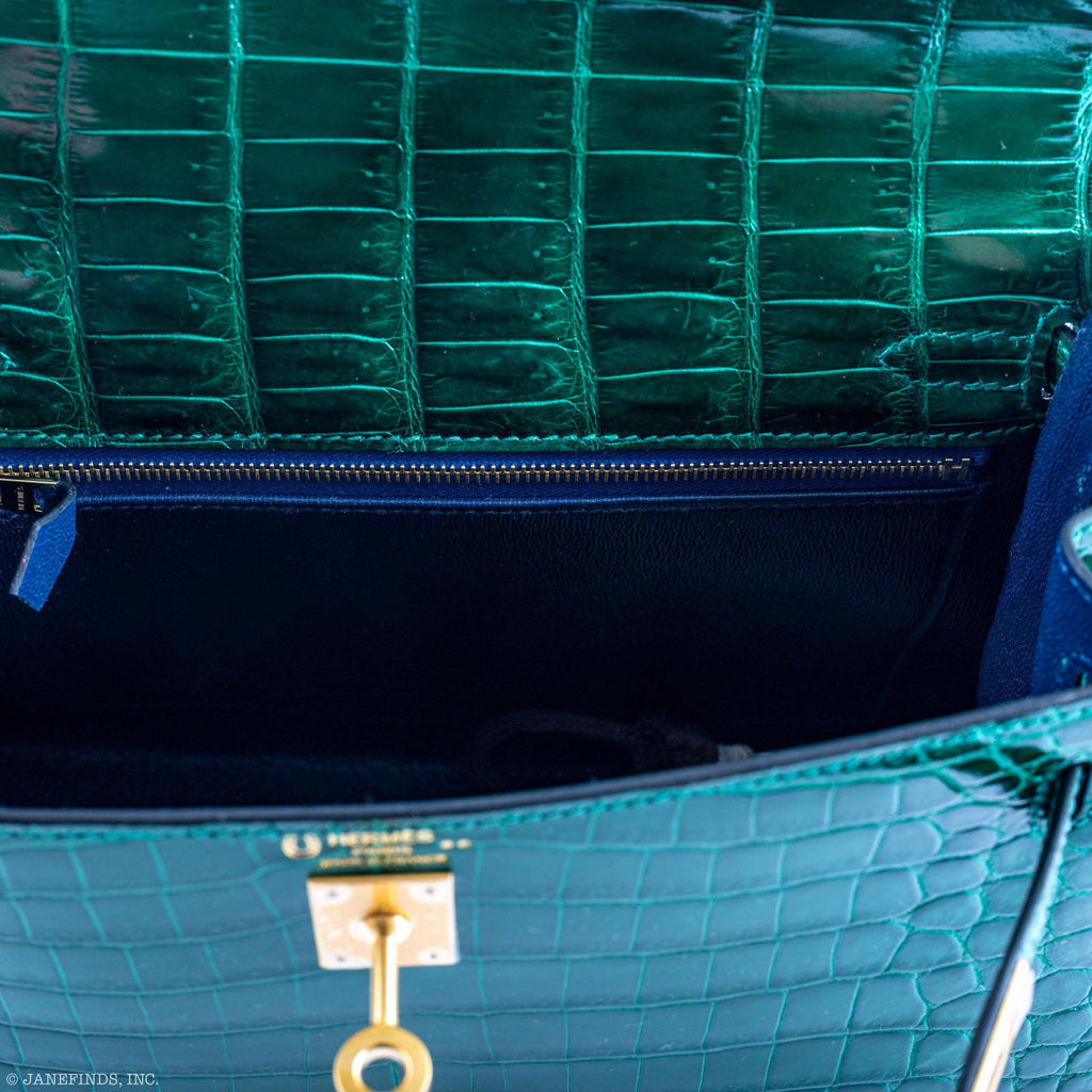Hermes Kelly 25 HSS Sellier Emerald Nilo Crocodile & Cassis Brushed Gold Hardware