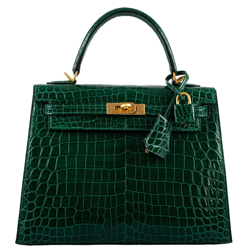 Hermes Kelly 25 HSS Sellier Emerald Nilo Crocodile & Cassis Brushed Gold Hardware