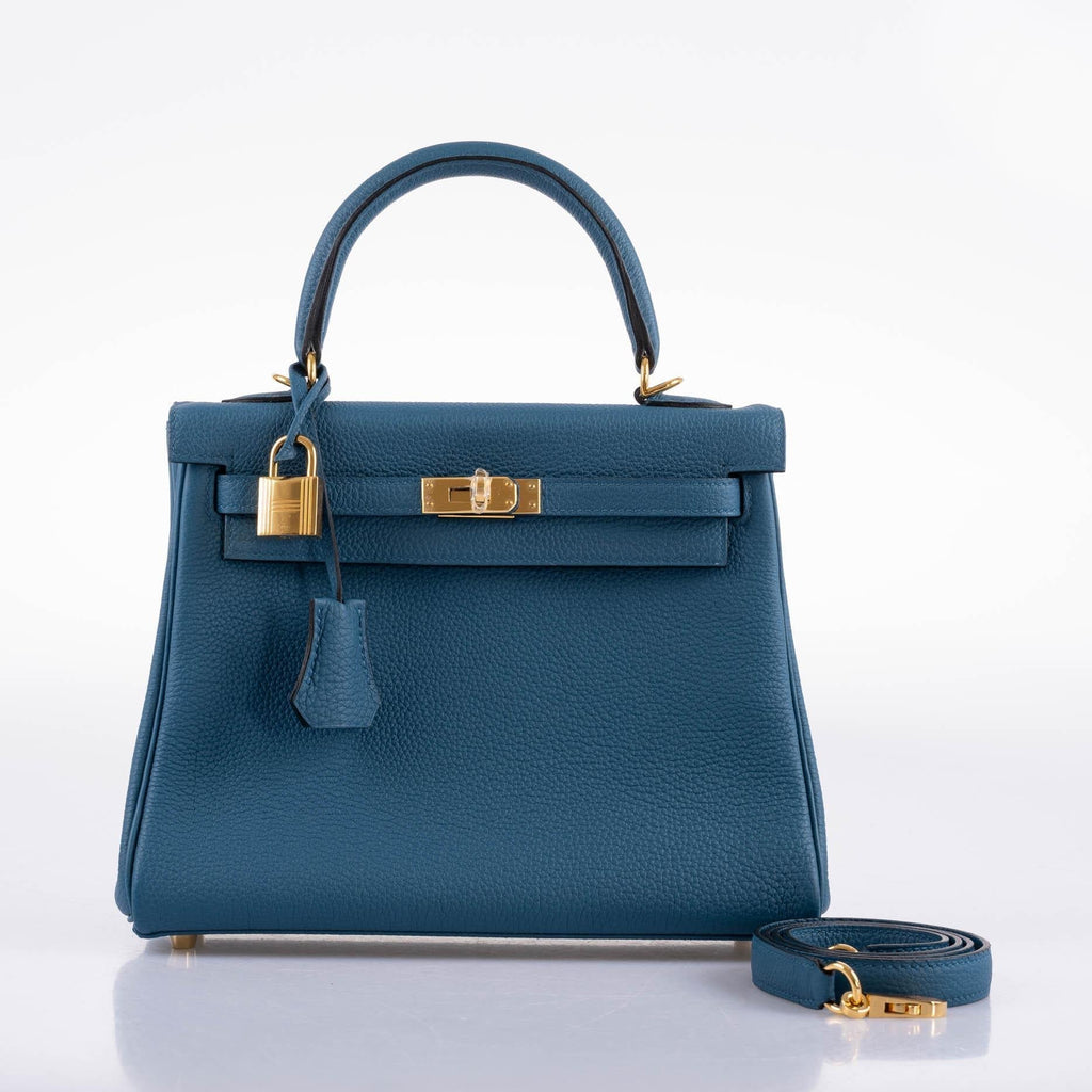 Hermes Kelly 25 Retourne Blue Colvert Togo Gold Hardware