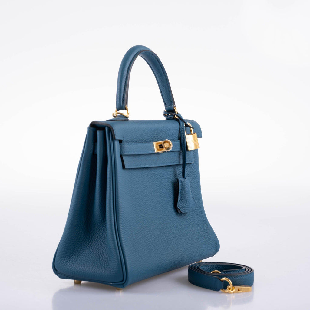 Hermes Kelly 25 Retourne Blue Colvert Togo Gold Hardware