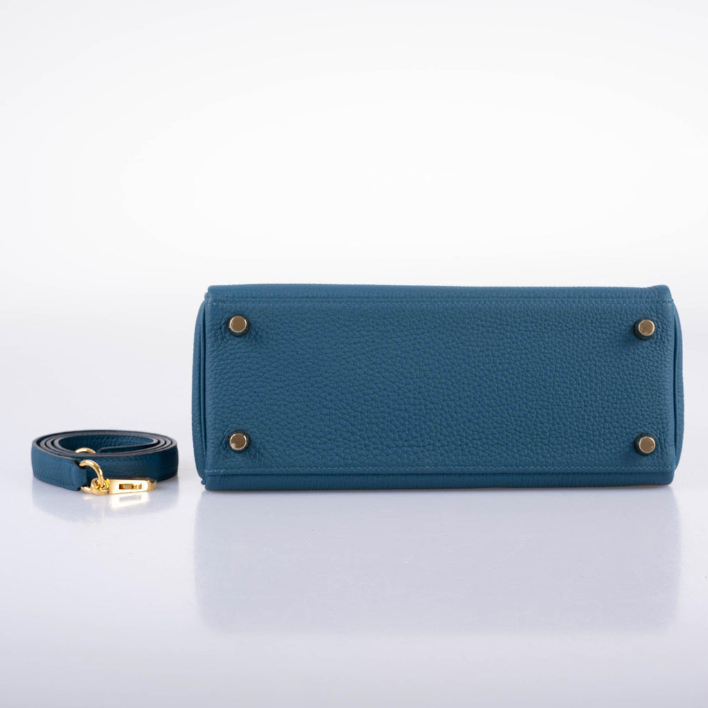 Hermes Kelly 25 Retourne Blue Colvert Togo Gold Hardware