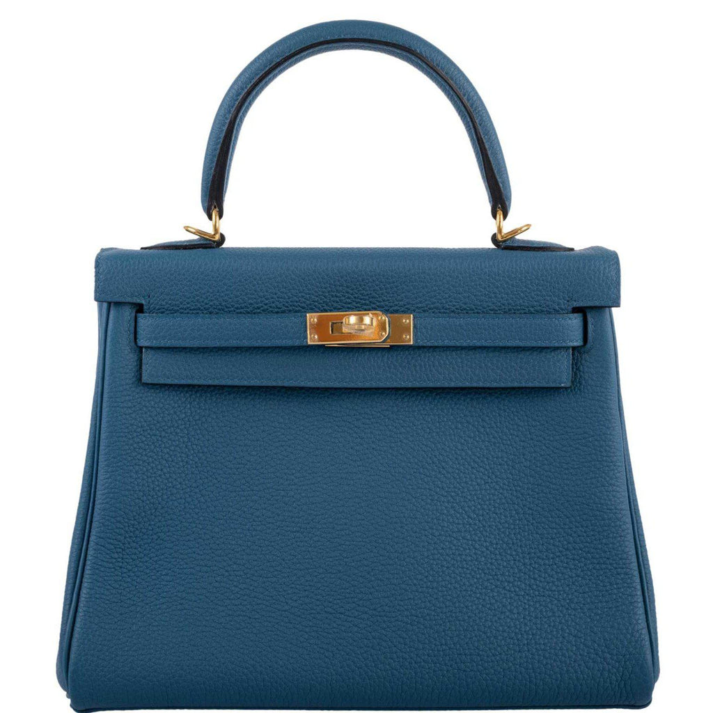 Hermes Kelly 25 Retourne Blue Colvert Togo Gold Hardware