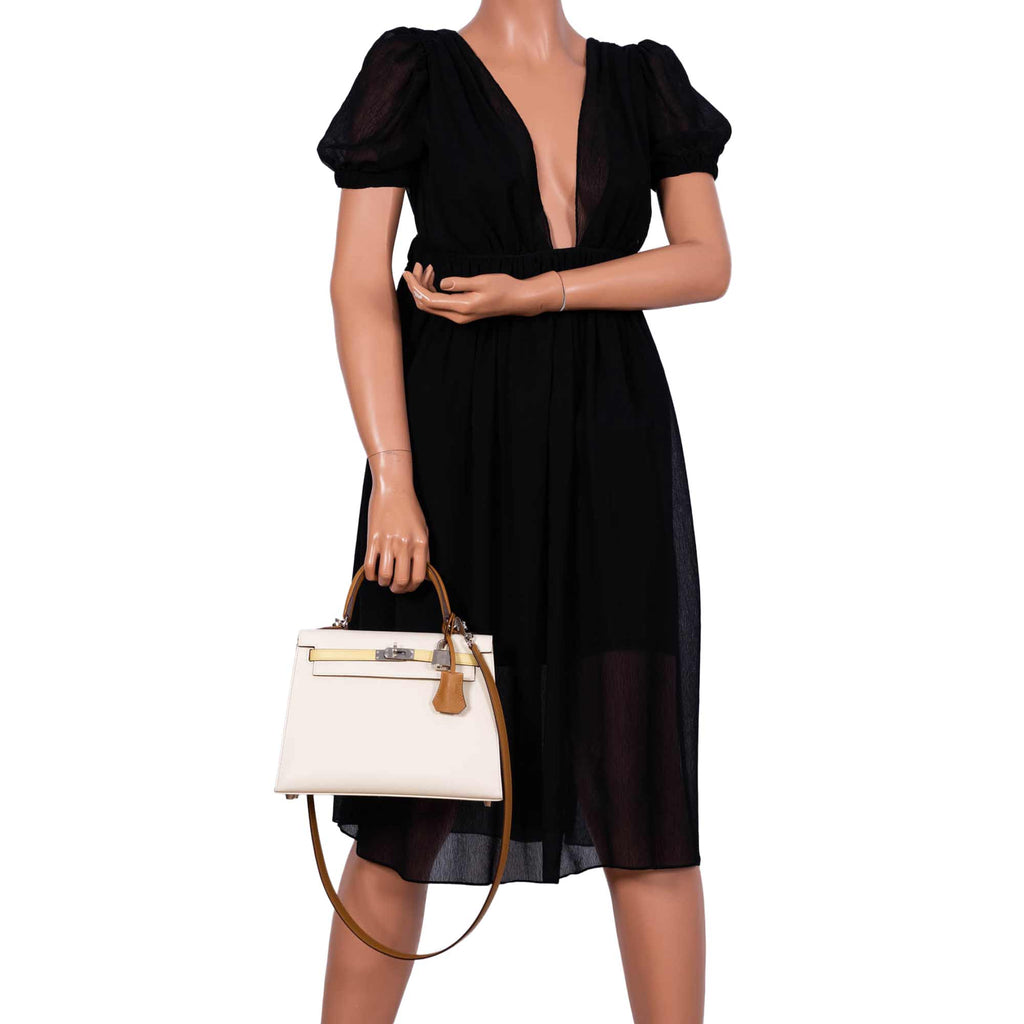 Hermes Kelly 25 Sellier Limited Edition Tri-Color Nata, Jaune Poussin and Sesame Epsom Palladium Hardware