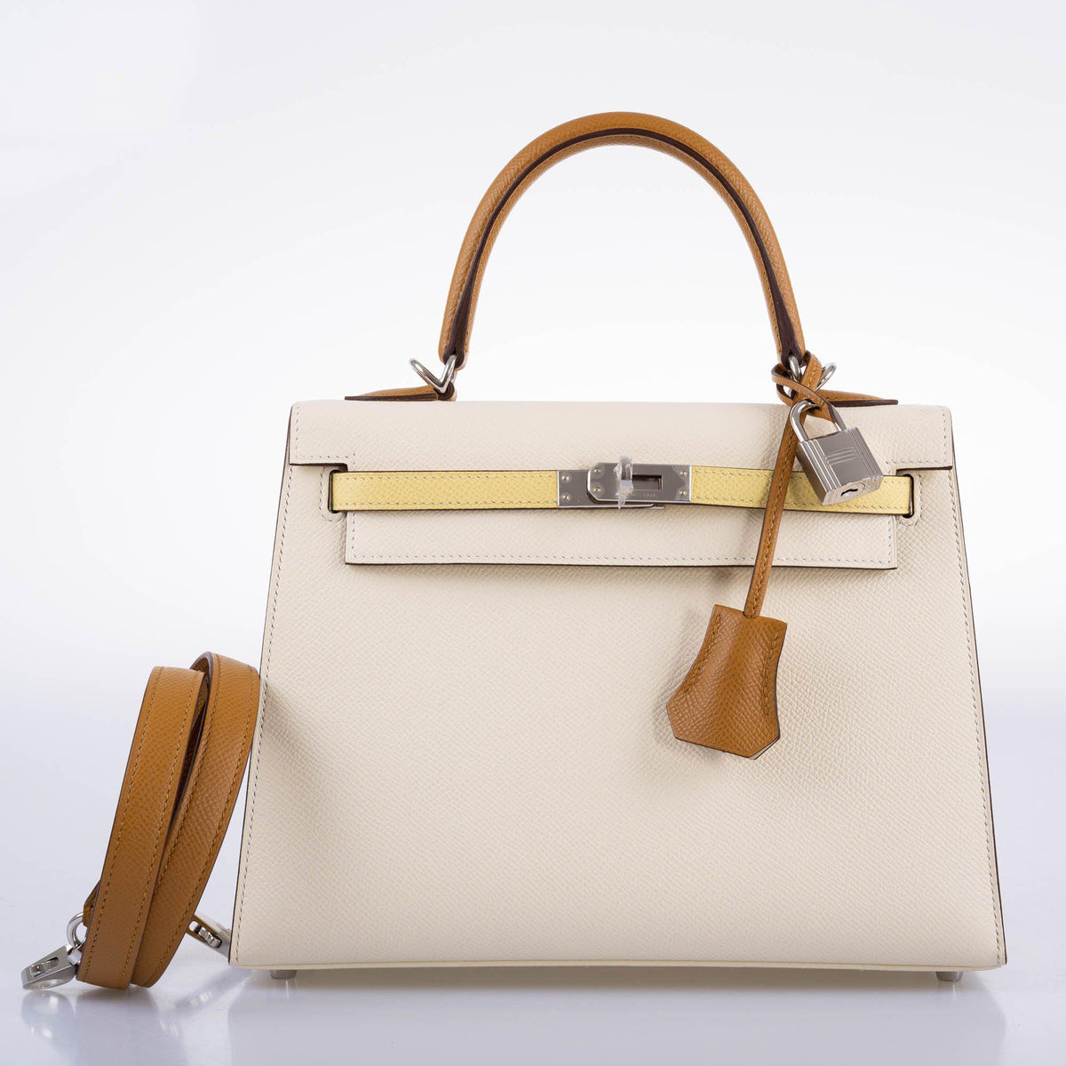 Hermes Kelly 25 Sellier Limited Edition Tri-Color Nata, Jaune Poussin and Sesame Epsom Palladium Hardware