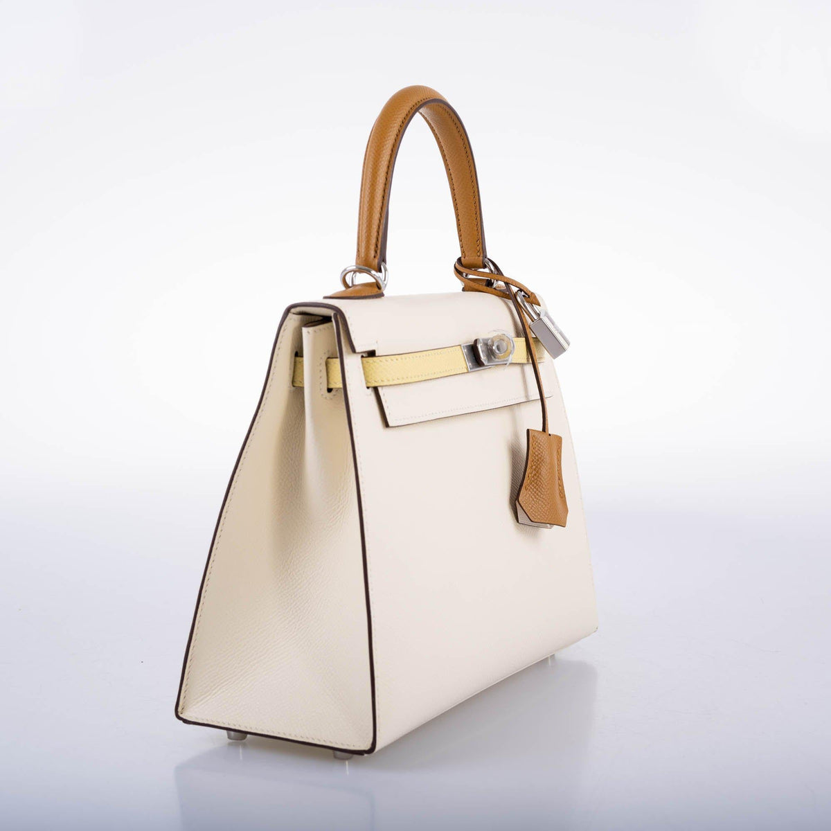 Hermes Kelly 25 Sellier Limited Edition Tri-Color Nata, Jaune Poussin and Sesame Epsom Palladium Hardware