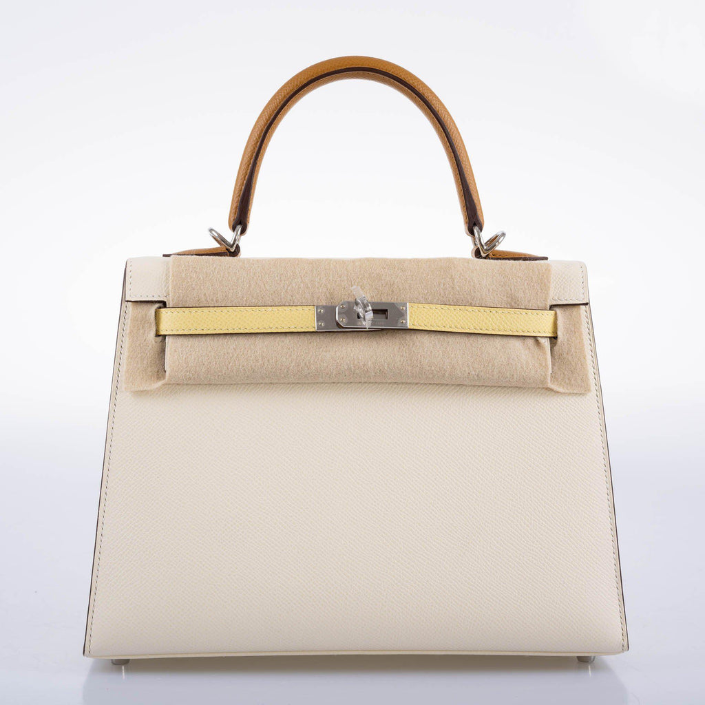 Hermes Kelly 25 Sellier Limited Edition Tri-Color Nata, Jaune Poussin and Sesame Epsom Palladium Hardware