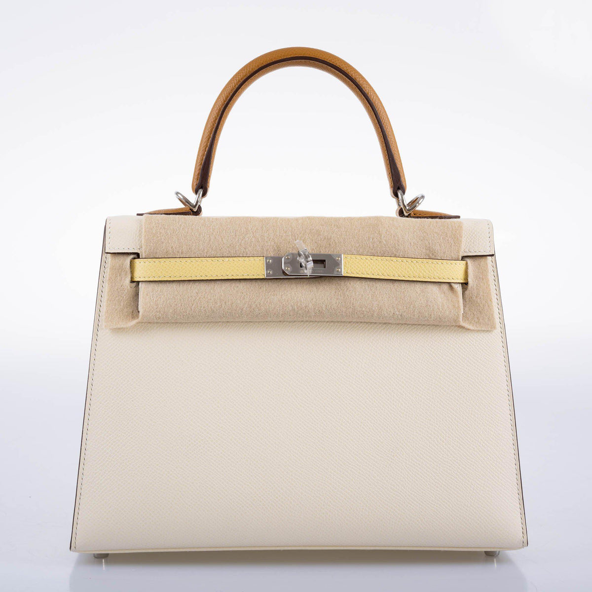 Hermes Kelly 25 Sellier Limited Edition Tri-Color Nata, Jaune Poussin and Sesame Epsom Palladium Hardware