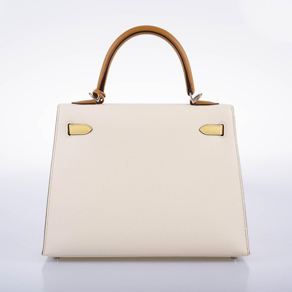 Hermes Kelly 25 Sellier Limited Edition Tri-Color Nata, Jaune Poussin and Sesame Epsom Palladium Hardware