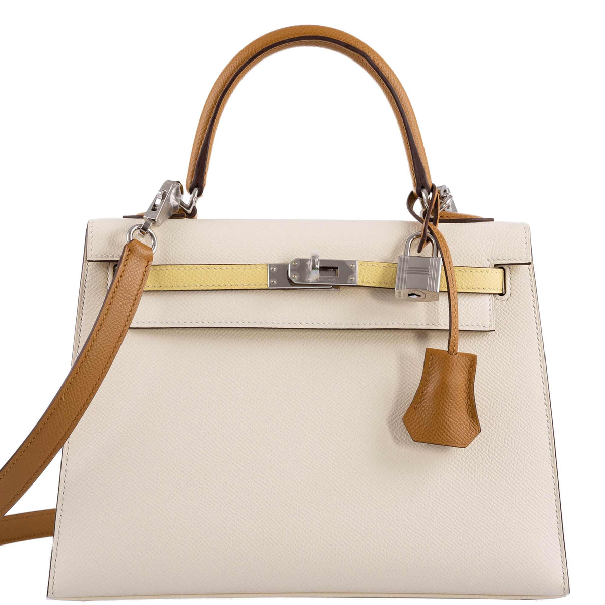 Hermes Kelly 25 Sellier Limited Edition Tri-Color Nata, Jaune Poussin and Sesame Epsom Palladium Hardware