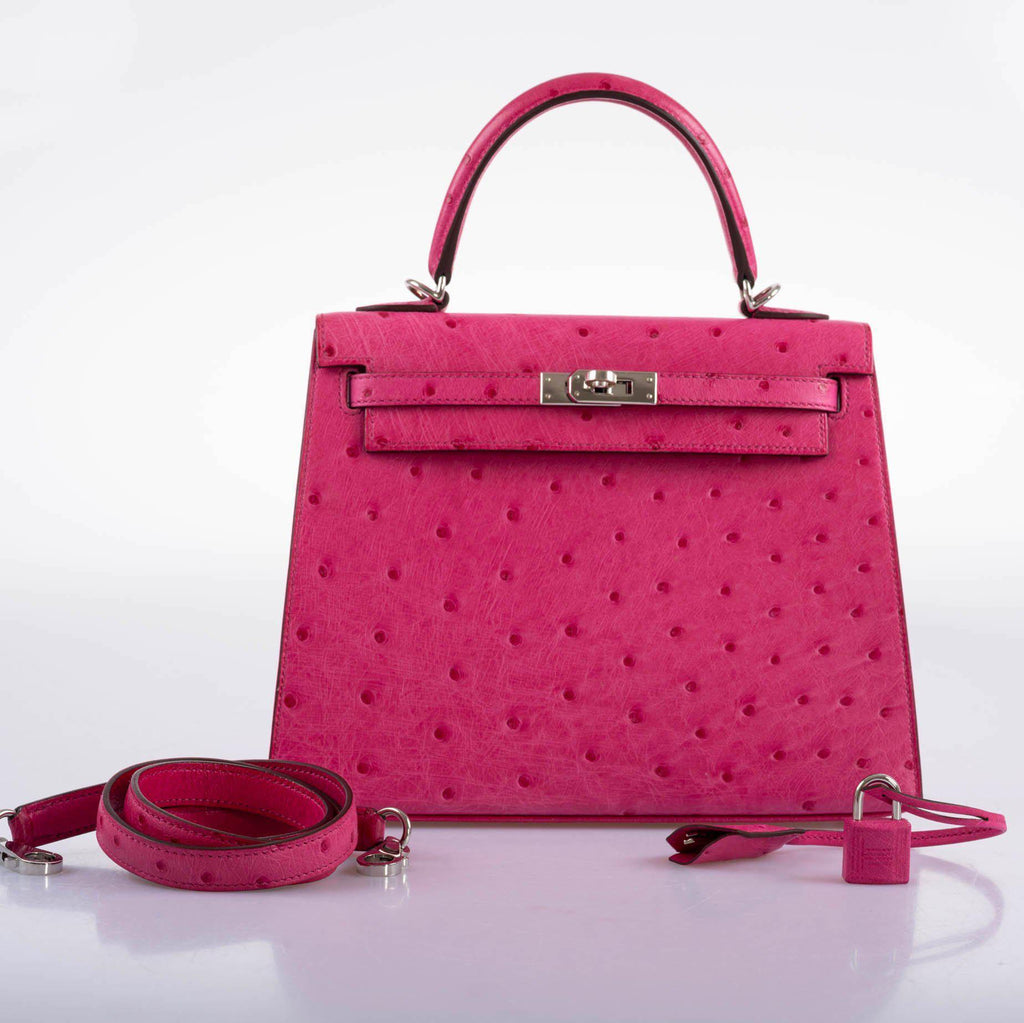Hermes Kelly 25 Sellier Rose Tyrien Ostrich with Palladium Hardware