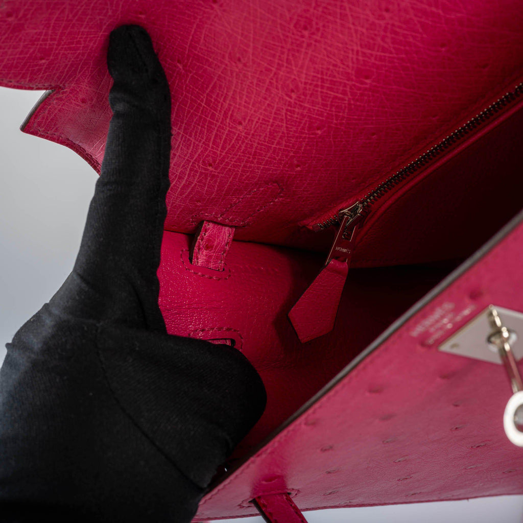 Hermes Kelly 25 Sellier Rose Tyrien Ostrich with Palladium Hardware