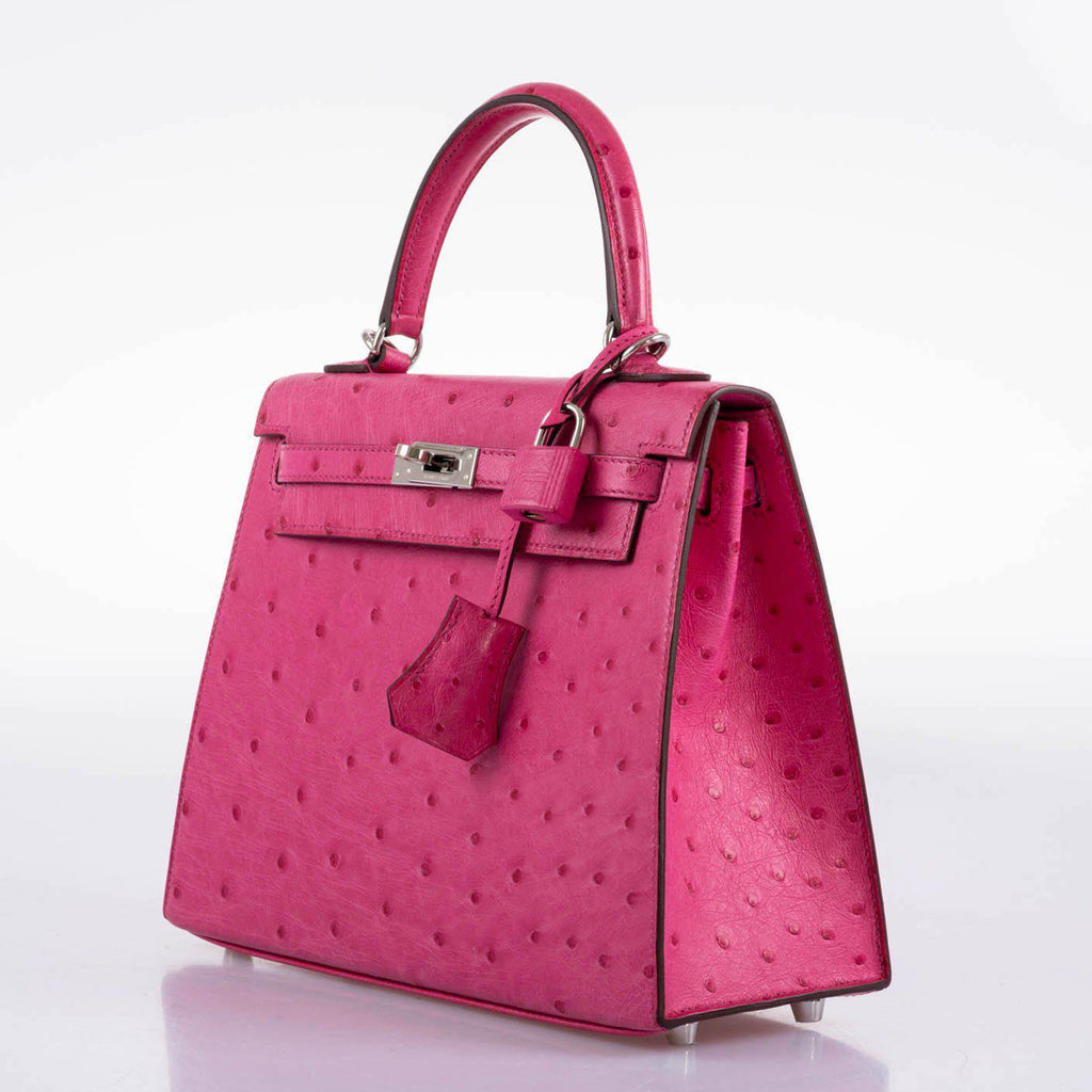 Hermes Kelly 25 Sellier Rose Tyrien Ostrich with Palladium Hardware