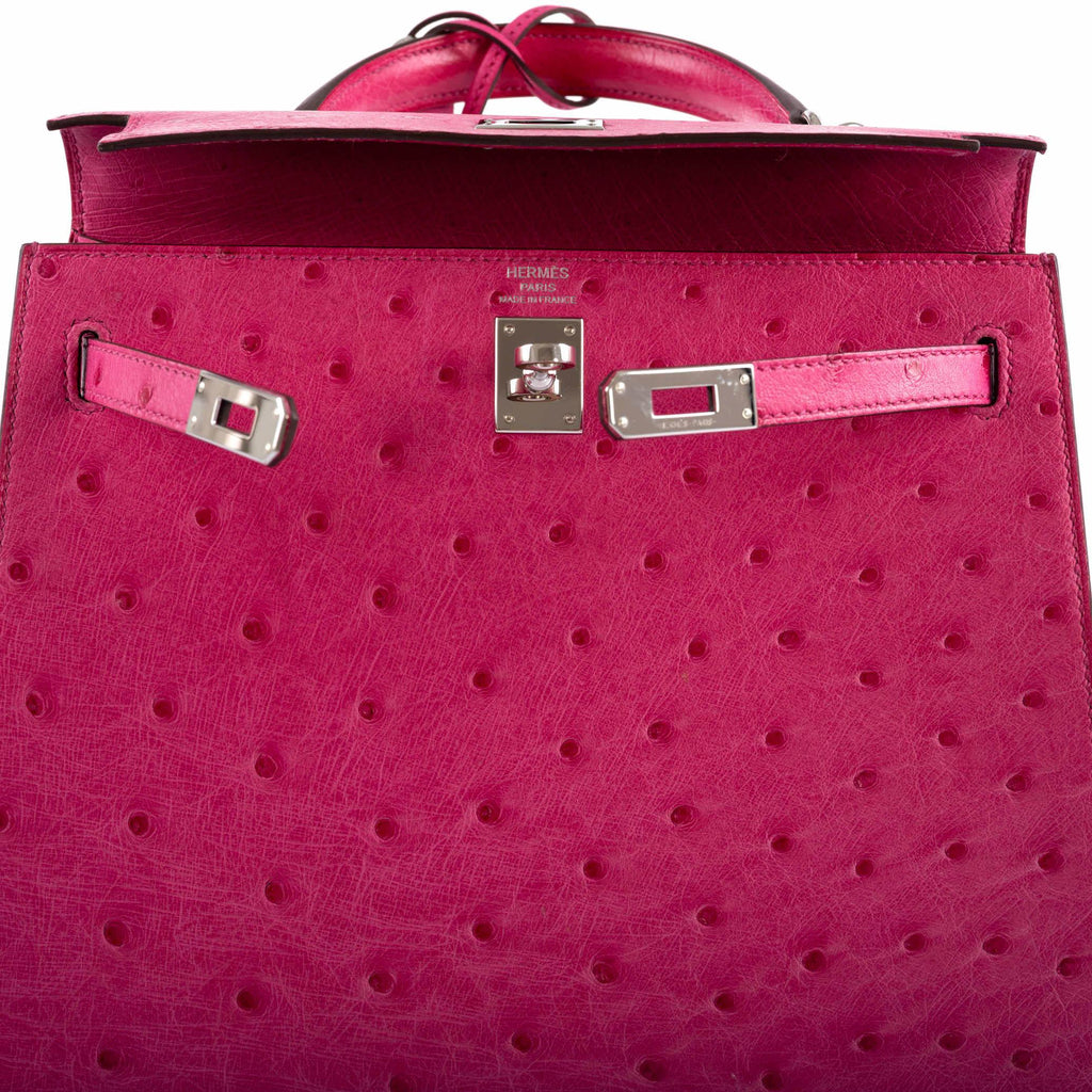 Hermes Kelly 25 Sellier Rose Tyrien Ostrich with Palladium Hardware