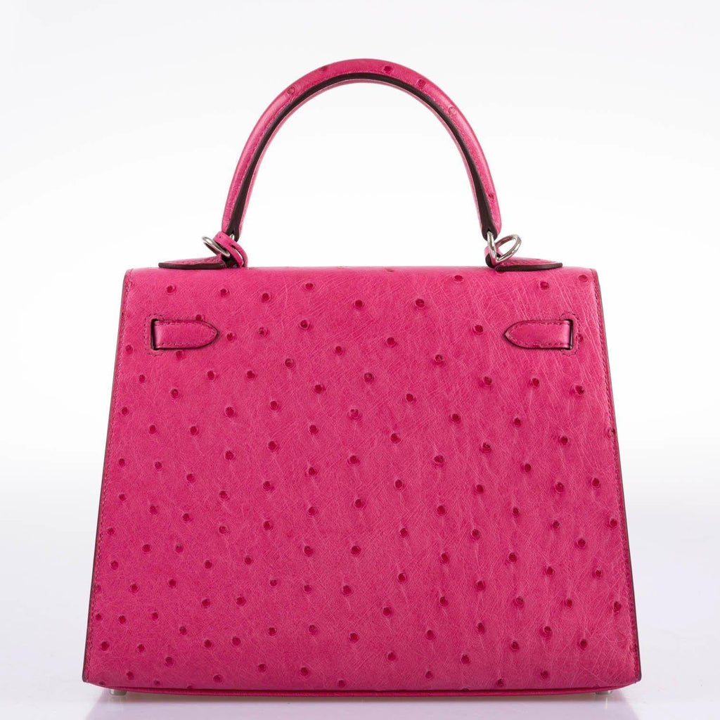 Hermes Kelly 25 Sellier Rose Tyrien Ostrich with Palladium Hardware