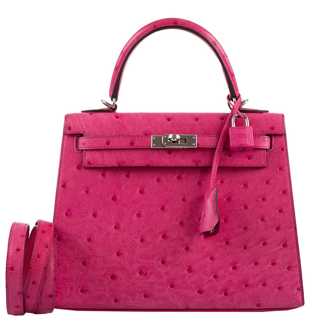 Hermes Kelly 25 Sellier Rose Tyrien Ostrich with Palladium Hardware
