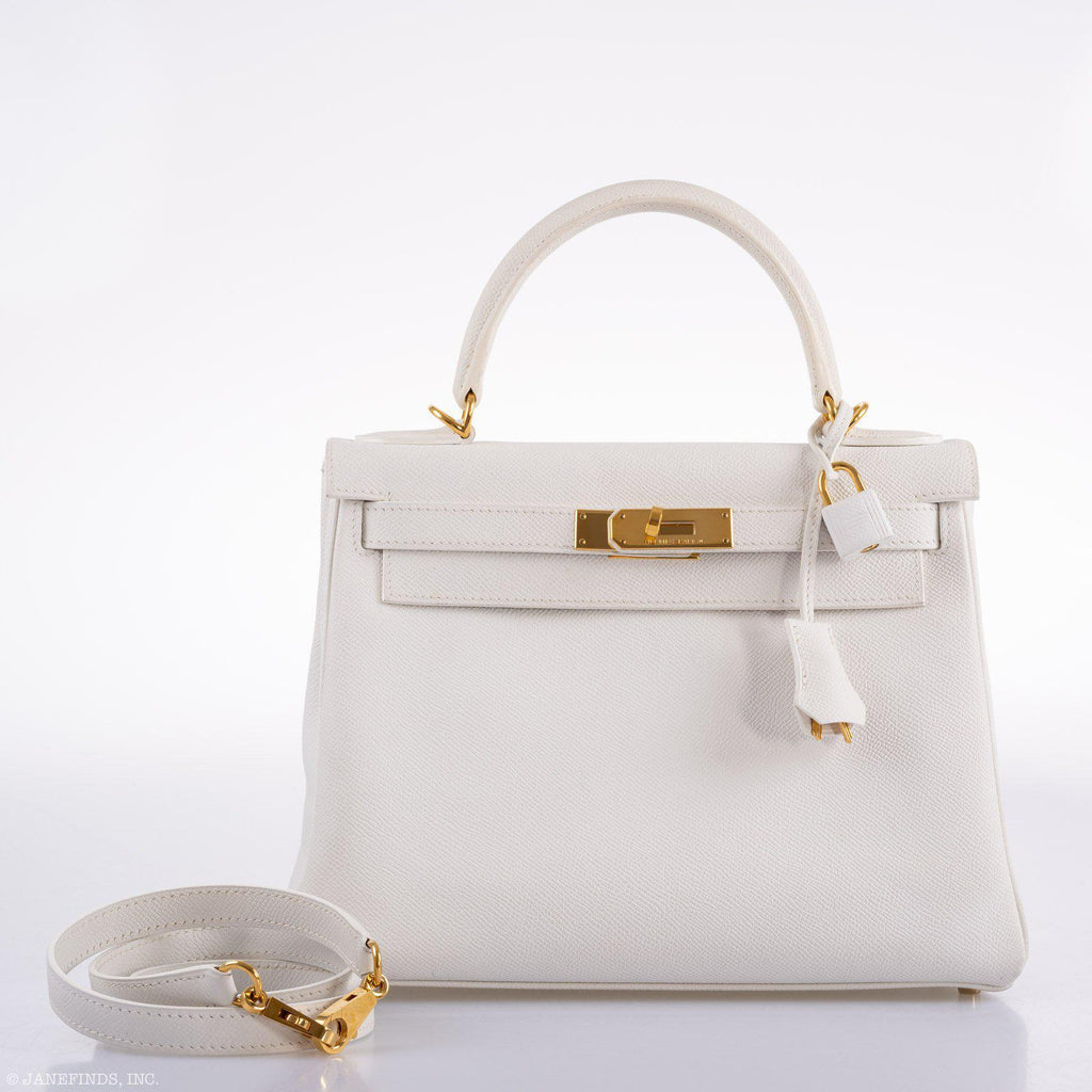 Hermes Kelly 28 Retourne White Epsom with Gold Hardware
