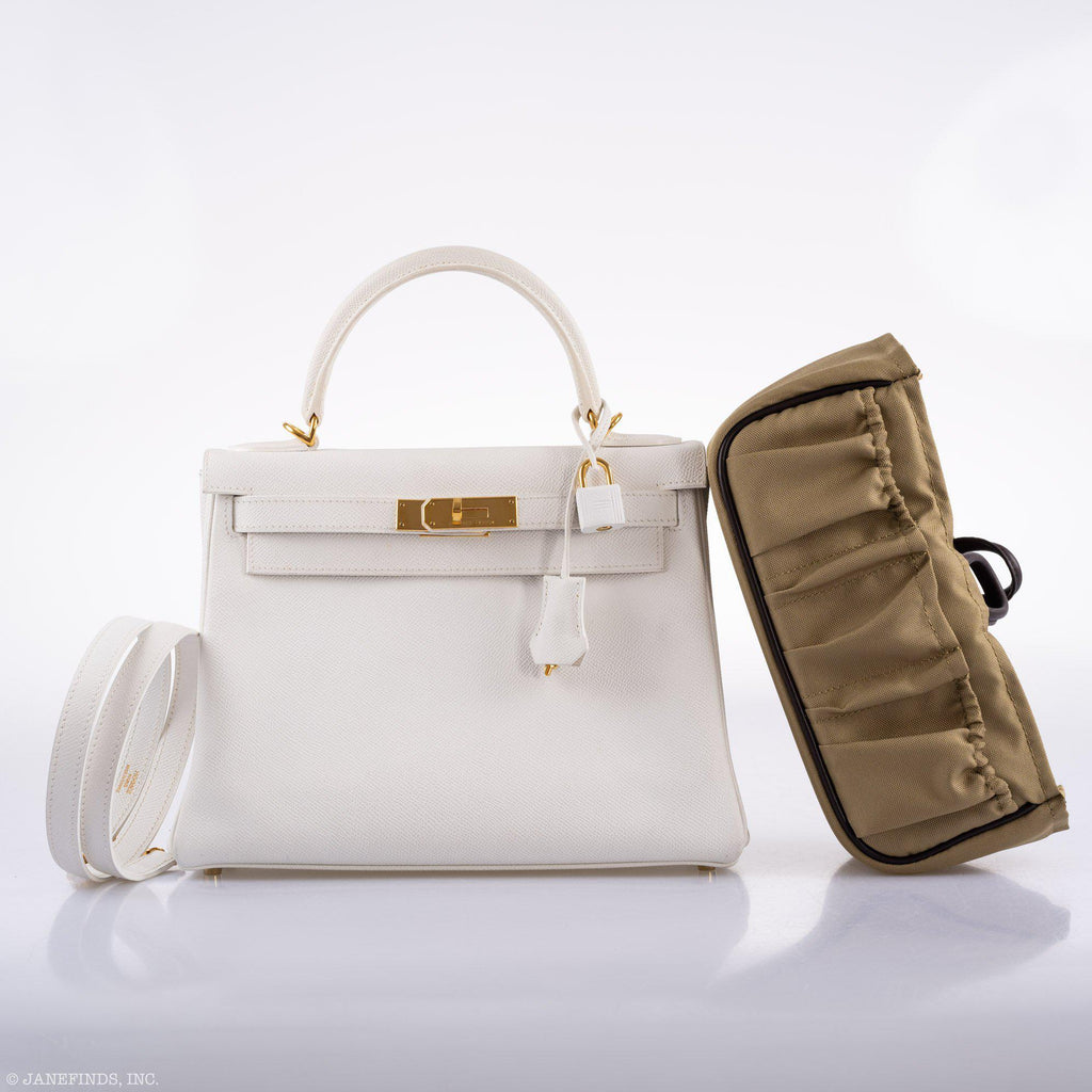 Hermes Kelly 28 Retourne White Epsom with Gold Hardware