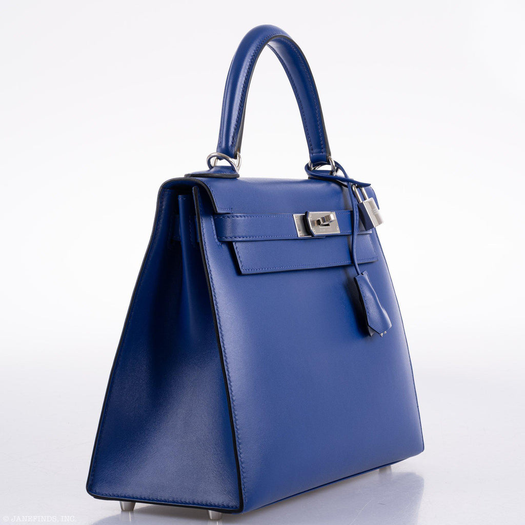 Hermes Kelly 28 Sellier Blue Electric Tadelakt leather Palladium Hardware