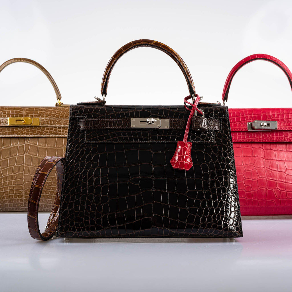 Hermes Kelly 28 Sellier Macassar, Ebene, Miel and Rose Extreme Alligator Palladium Hardware