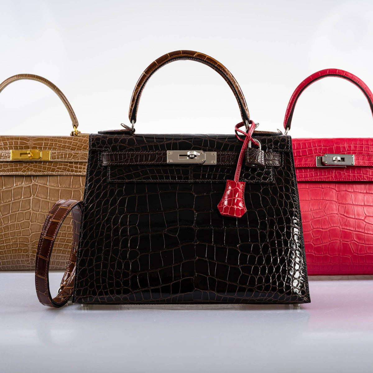 Hermes Kelly 28 Sellier Macassar, Ebene, Miel and Rose Extreme Alligator Palladium Hardware