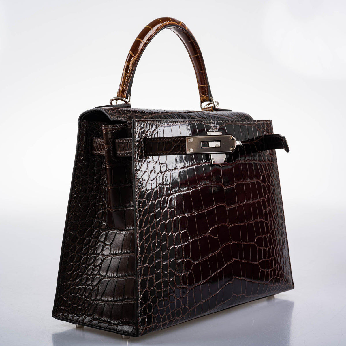 Hermes Kelly 28 Sellier Macassar, Ebene, Miel and Rose Extreme Alligator Palladium Hardware