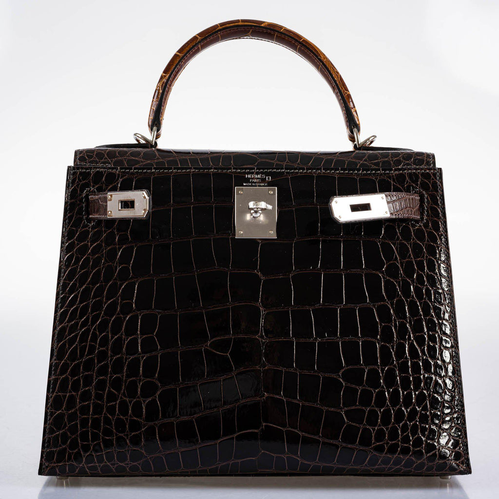 Hermes Kelly 28 Sellier Macassar, Ebene, Miel and Rose Extreme Alligator Palladium Hardware