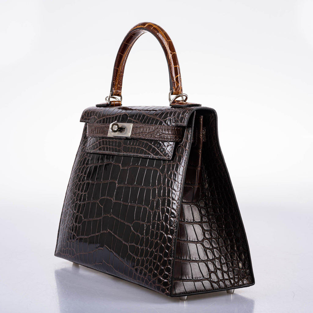 Hermes Kelly 28 Sellier Macassar, Ebene, Miel and Rose Extreme Alligator Palladium Hardware