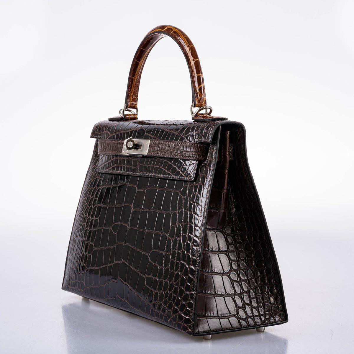Hermes Kelly 28 Sellier Macassar, Ebene, Miel and Rose Extreme Alligator Palladium Hardware