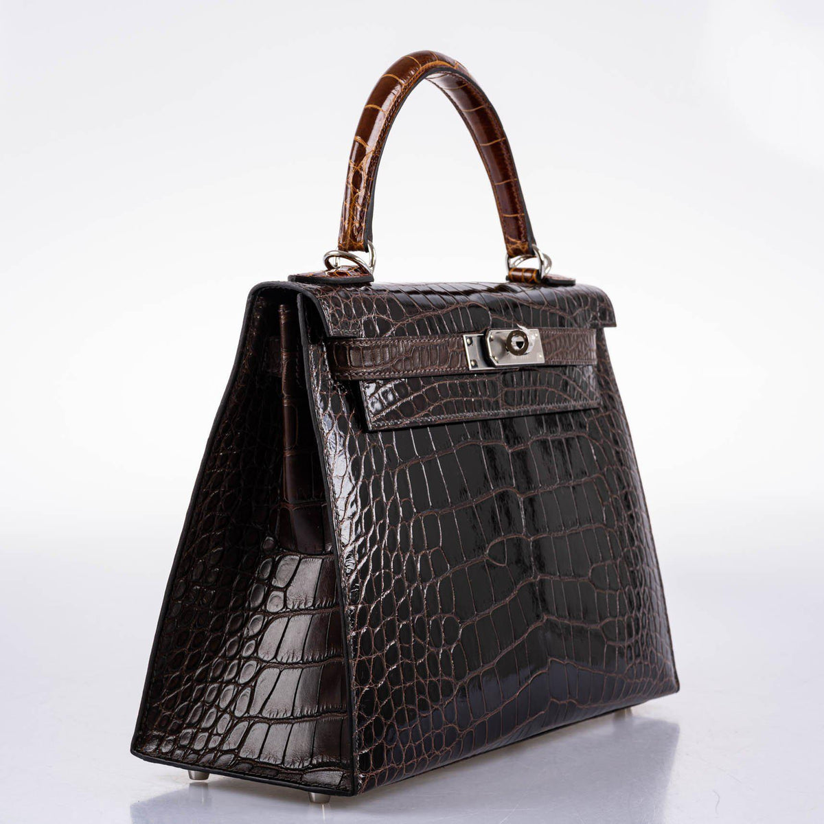 Hermes Kelly 28 Sellier Macassar, Ebene, Miel and Rose Extreme Alligator Palladium Hardware