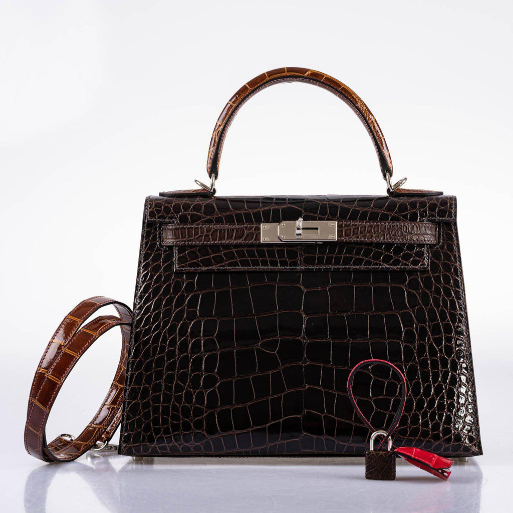 Hermes Kelly 28 Sellier Macassar, Ebene, Miel and Rose Extreme Alligator Palladium Hardware