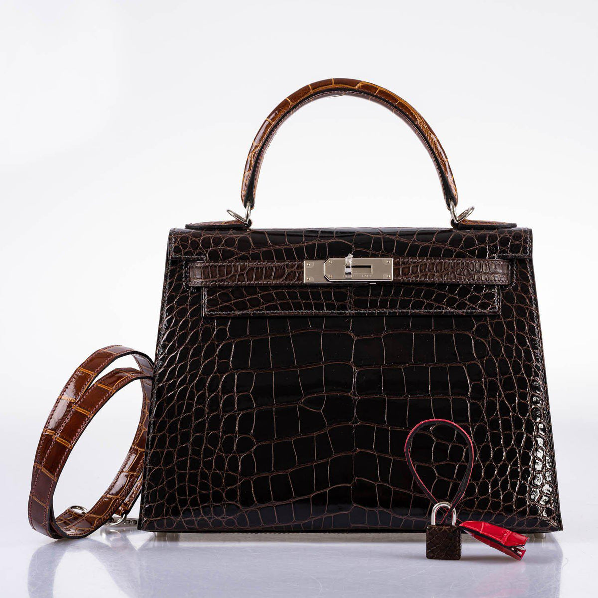 Hermes Kelly 28 Sellier Macassar, Ebene, Miel and Rose Extreme Alligator Palladium Hardware