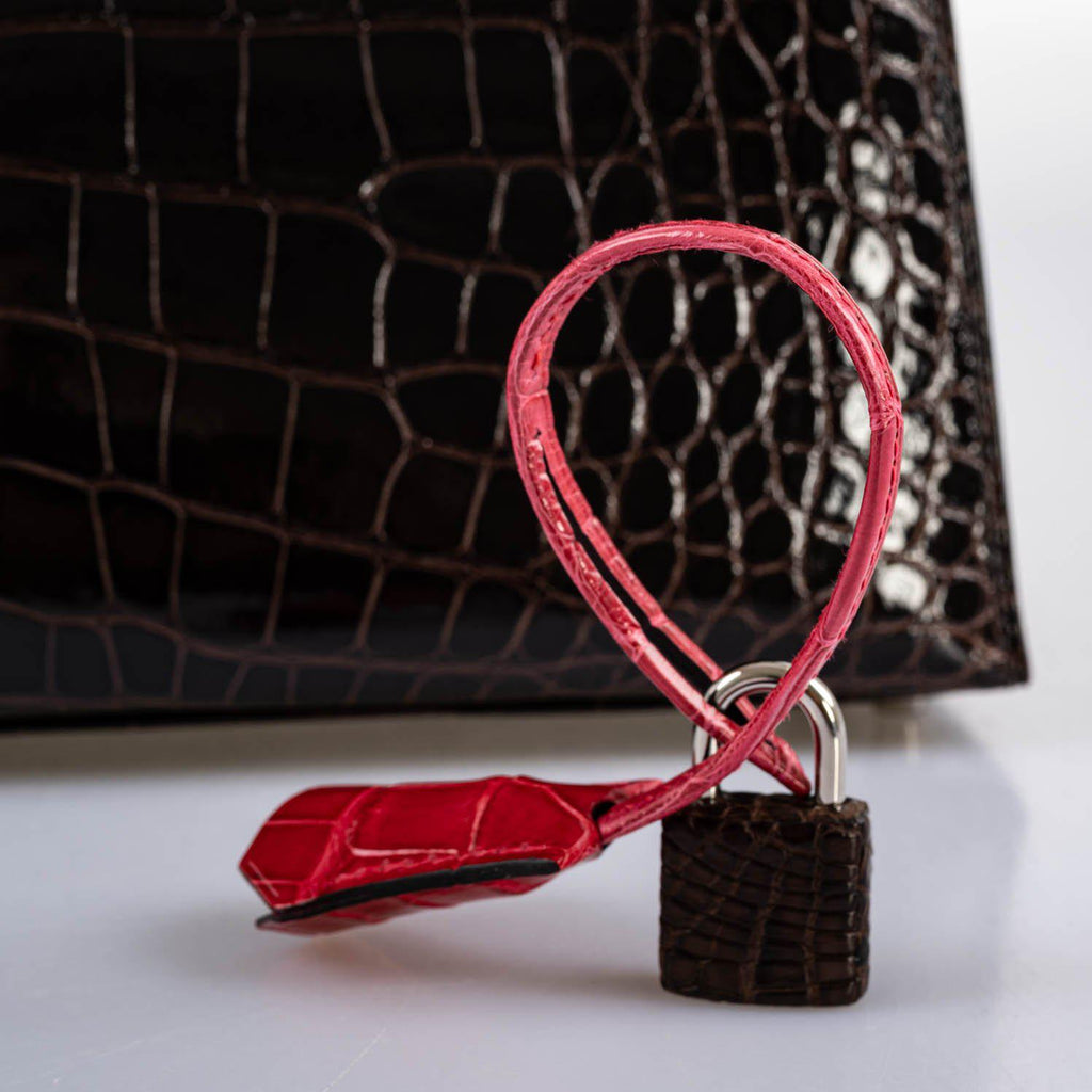 Hermes Kelly 28 Sellier Macassar, Ebene, Miel and Rose Extreme Alligator Palladium Hardware