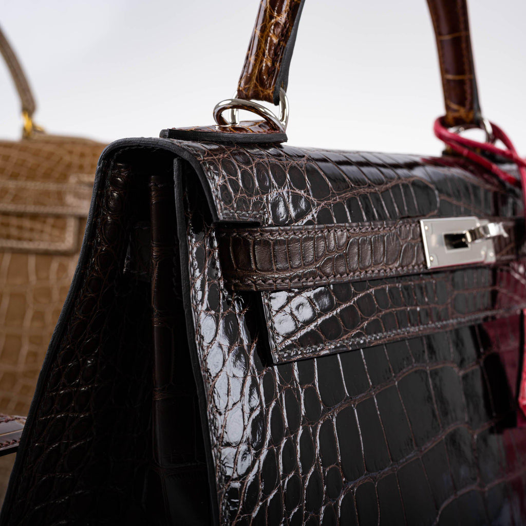 Hermes Kelly 28 Sellier Macassar, Ebene, Miel and Rose Extreme Alligator Palladium Hardware