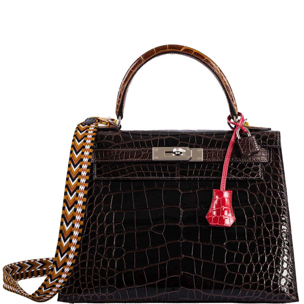 Hermes Kelly 28 Sellier Macassar, Ebene, Miel and Rose Extreme Alligator Palladium Hardware
