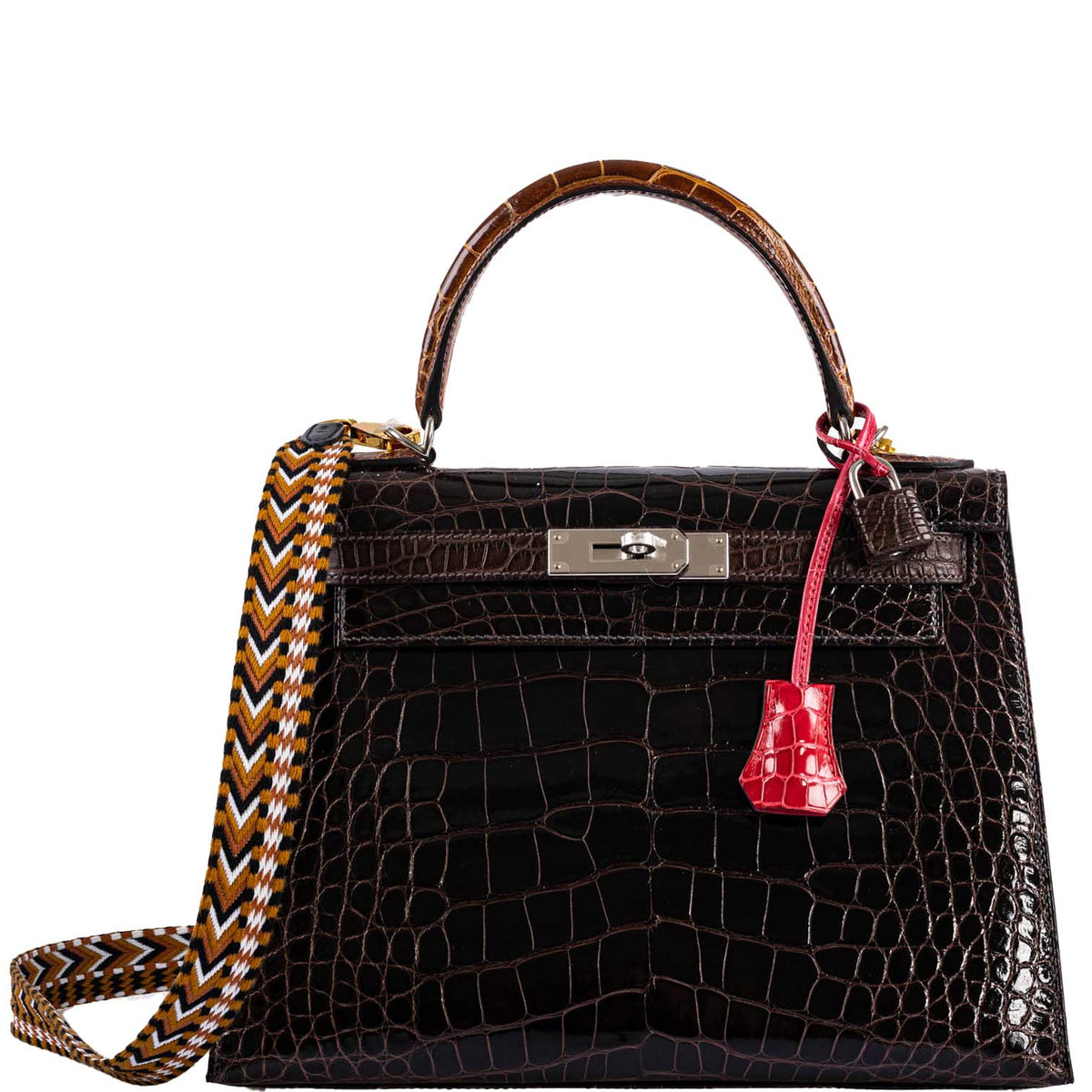 Hermes Kelly 28 Sellier Macassar, Ebene, Miel and Rose Extreme Alligator Palladium Hardware