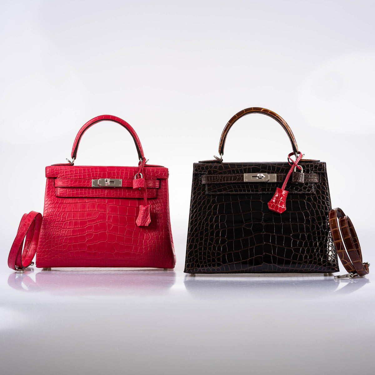 Hermes Kelly 28 Sellier Macassar, Ebene, Miel and Rose Extreme Alligator Palladium Hardware