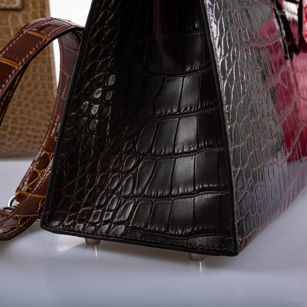 Hermes Kelly 28 Sellier Macassar, Ebene, Miel and Rose Extreme Alligator Palladium Hardware