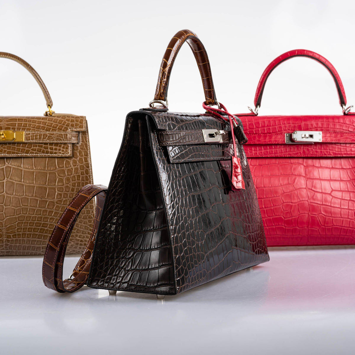 Hermes Kelly 28 Sellier Macassar, Ebene, Miel and Rose Extreme Alligator Palladium Hardware