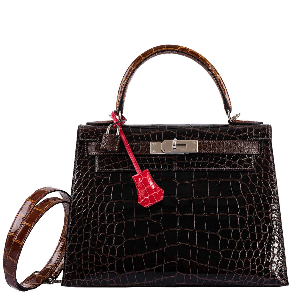 Hermes Kelly 28 Sellier Macassar, Ebene, Miel and Rose Extreme Alligator Palladium Hardware