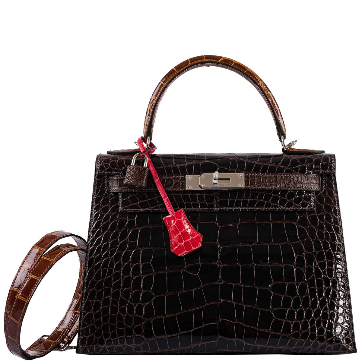 Hermes Kelly 28 Sellier Macassar, Ebene, Miel and Rose Extreme Alligator Palladium Hardware