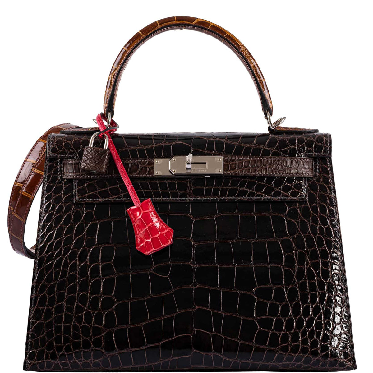 Hermes Kelly 28 Sellier Macassar, Ebene, Miel and Rose Extreme Alligator Palladium Hardware