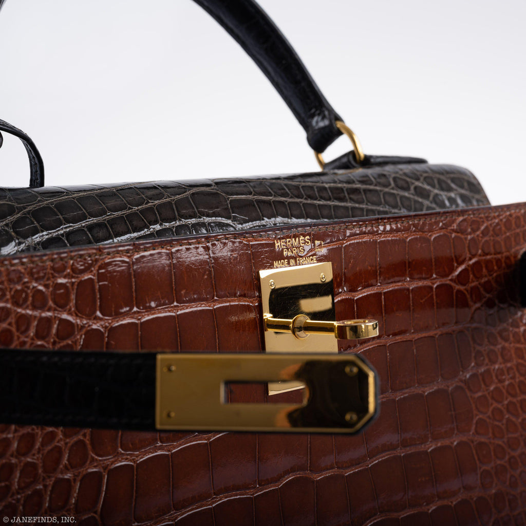 Hermes Kelly 28 Sellier Miel, Graphite & Black Alligator with Gold Hardware