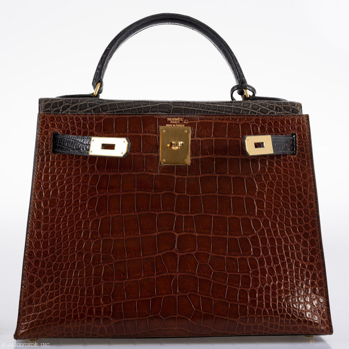 Hermes Kelly 28 Sellier Miel, Graphite & Black Alligator with Gold Hardware