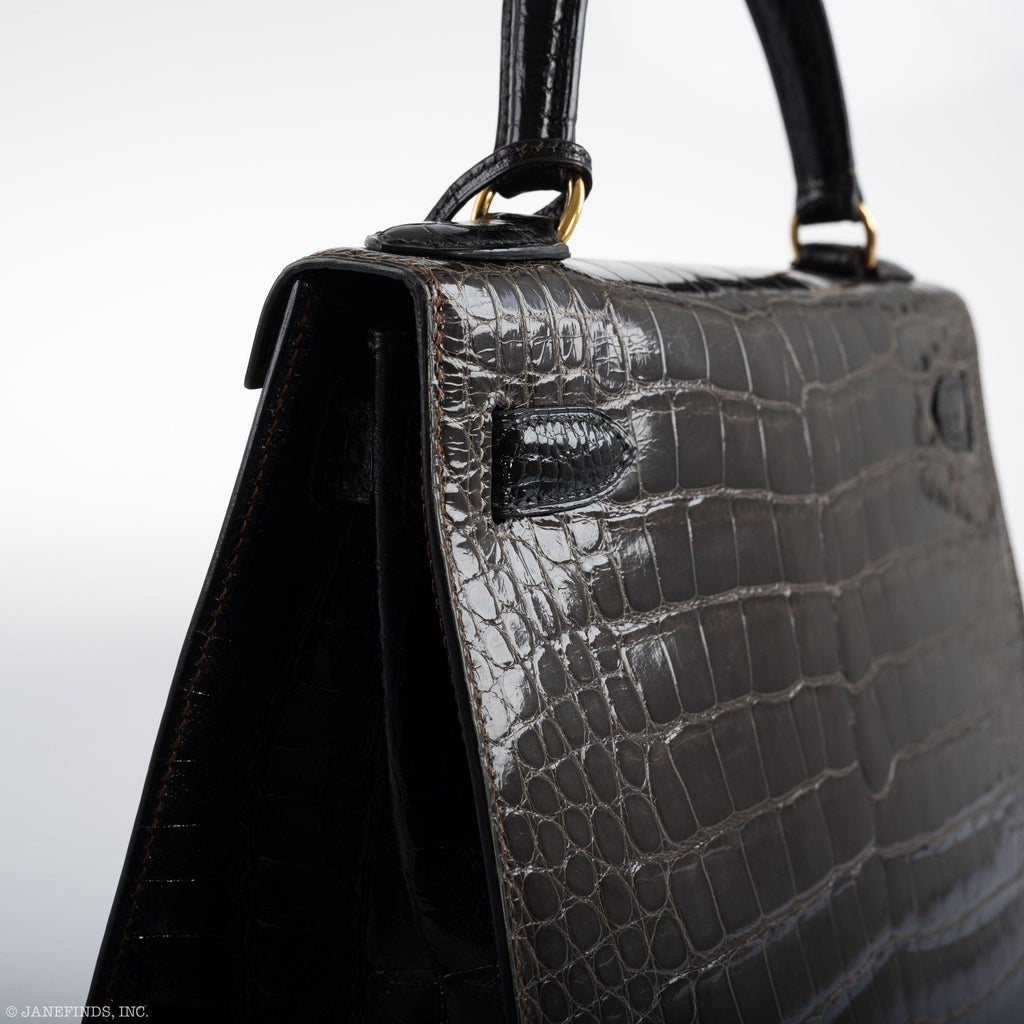 Hermes Kelly 28 Sellier Miel, Graphite & Black Alligator with Gold Hardware