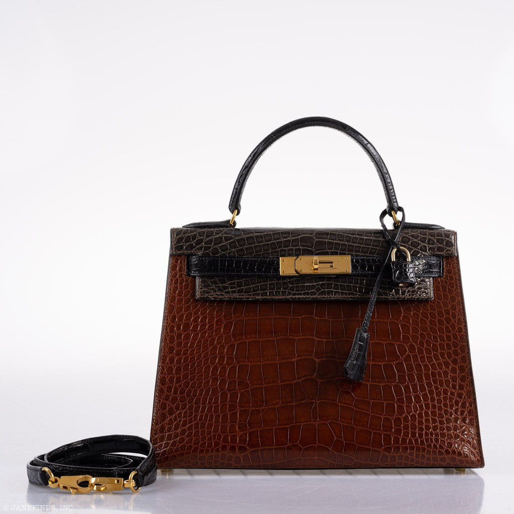 Hermes Kelly 28 Sellier Miel, Graphite & Black Alligator with Gold Hardware
