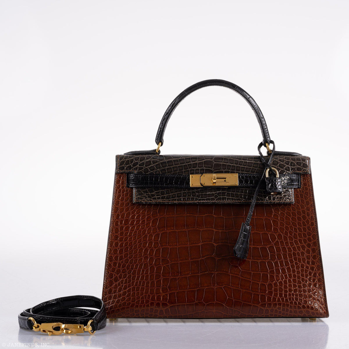Hermes Kelly 28 Sellier Miel, Graphite & Black Alligator with Gold Hardware