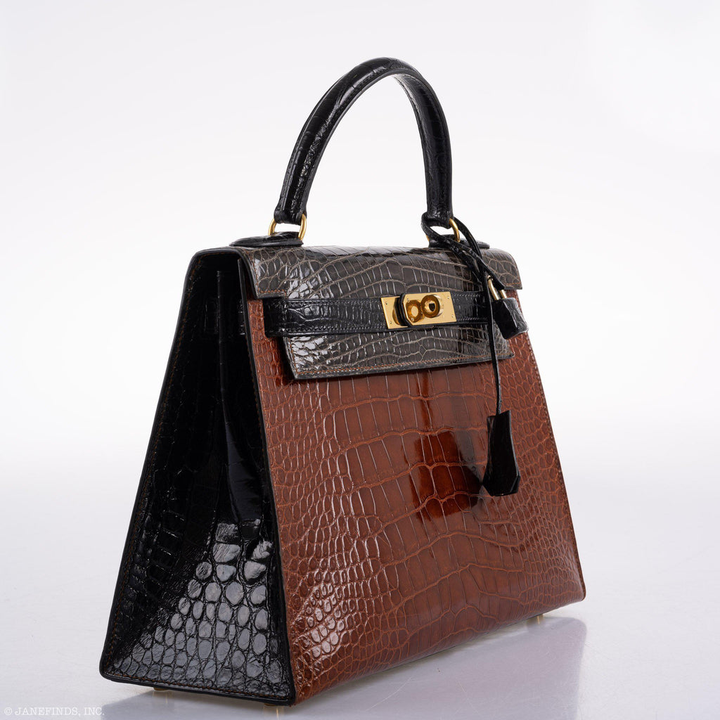 Hermes Kelly 28 Sellier Miel, Graphite & Black Alligator with Gold Hardware